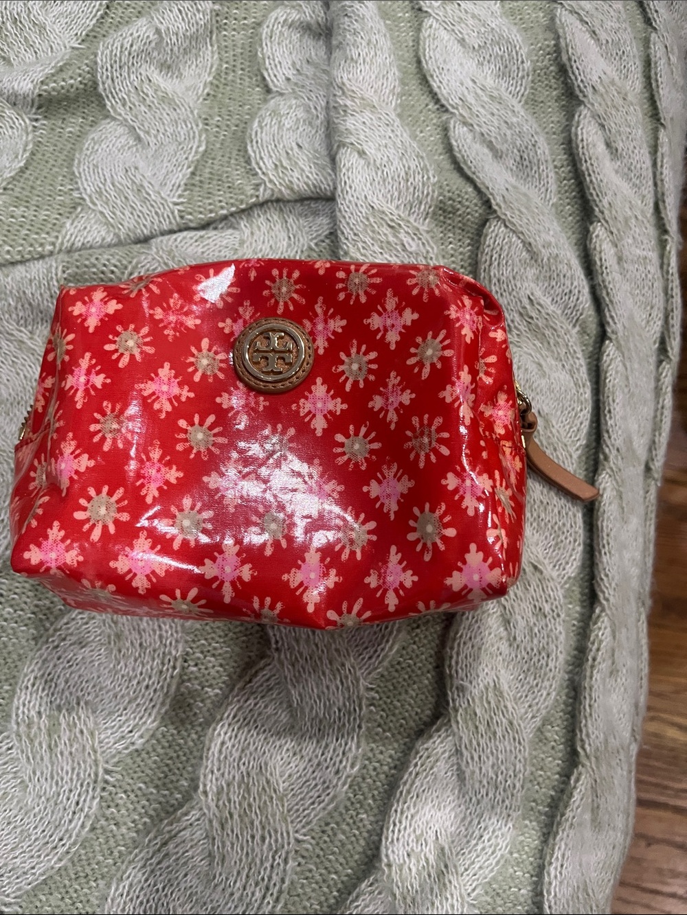 Tory Burch Red Floral Vinyl Cosmetic Pouch with Logo Medallion